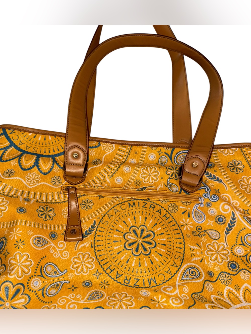 Isaac Mizrahi Yellow Paisley Floral Tote with Tan Handles - Picture 4 of 9